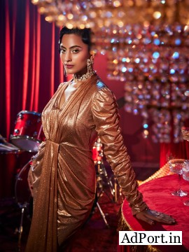 J Adore Metallic Draped Gown and Long Gown Dress for Parties