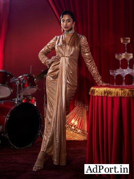 J Adore Metallic Draped Gown and Long Gown Dress for Parties